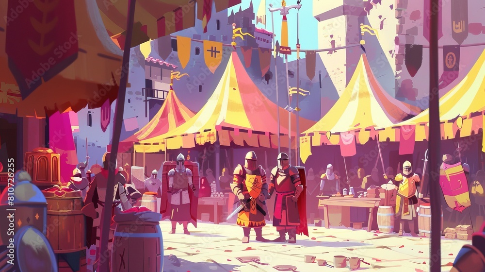 Whimsical Art of a fantasy marketplace scene where medieval knights trade armor pieces and weapons Whimsical Art of a fantasy marketplace scene where medieval knights trade armor pieces and weapons
