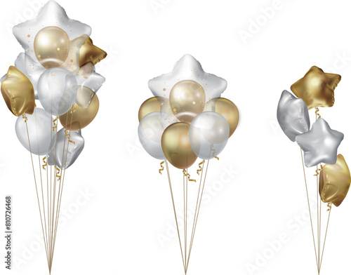 A set of balloon strings, star-shaped and round balloons, gold and silver, suitable for parties, events, birthdays