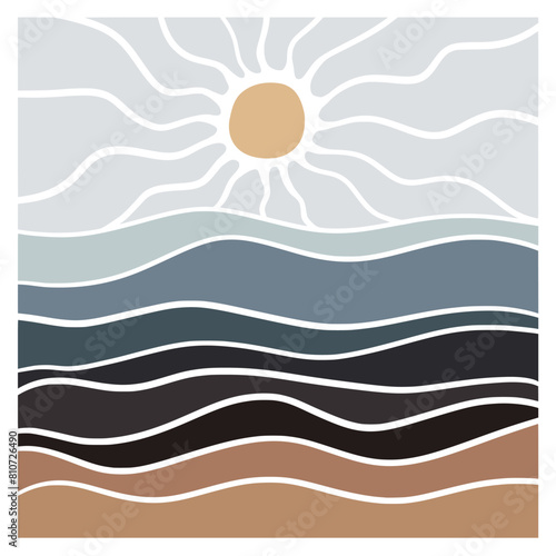 Hand draw sea and sunset lanscape panorama with earth tone. Organic doodle shapes matisse style, naive art, contemporary backgrounds. beach and mountains vector illustration
