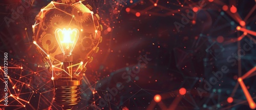 Light bulb and gears within a creative digital polygonal hologram, symbolizing the fusion of innovation and mechanical precision, Sharpen banner template with copy space on center
