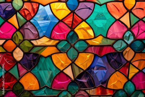 Detailed view of vibrant geometric shapes and floral designs in a colorful stained glass window