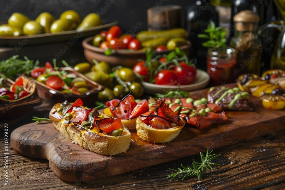 Closeup of a variety of gourmet tapas displayed on a wooden cutting board, showcasing fresh and delicious food ingredients