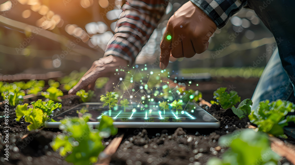 Crop farmer using AI technology on smart pad to improve farming efficiency and agricultural processes - Generated by Generative AI Crop farmer using AI technology on smart pad to improve farming efficiency and agricultural processes - Generated by Generative AI