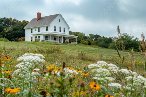 A large white house stands on top of a vibrant green field filled with wildflowers