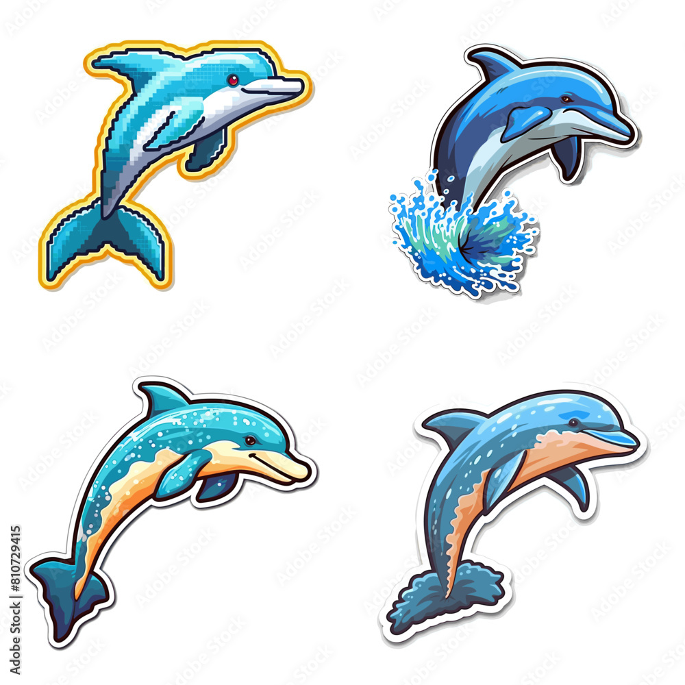 Naklejka premium Playful cartoon dolphin illustrations with dynamic poses and ocean vibes. Fun vector marine animals perfect for stickers, kids’ art, aquatic themes, and educational designs.