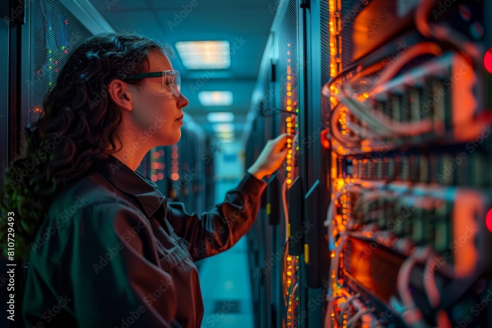 Female technician in a server room inspecting equipment and making adjustments