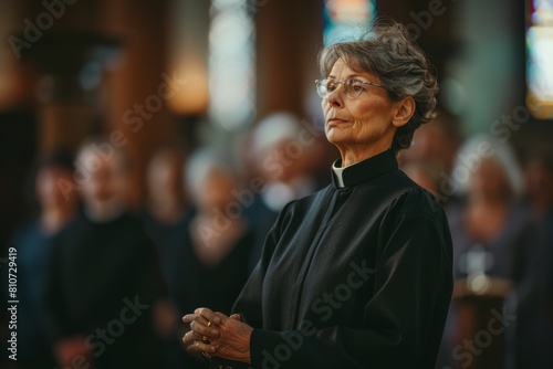 A compassionate female priest stands in front of a group of people, leading a funeral service with a solemn and supportive expression
