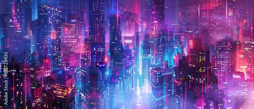 Modern futuristic neon abstract landscape of a bustling cityscape at dusk, depicted in cyberpunk color, offering a sharpen landscape finish