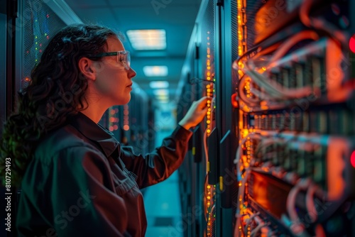 Female technician in a server room inspecting equipment and making adjustments