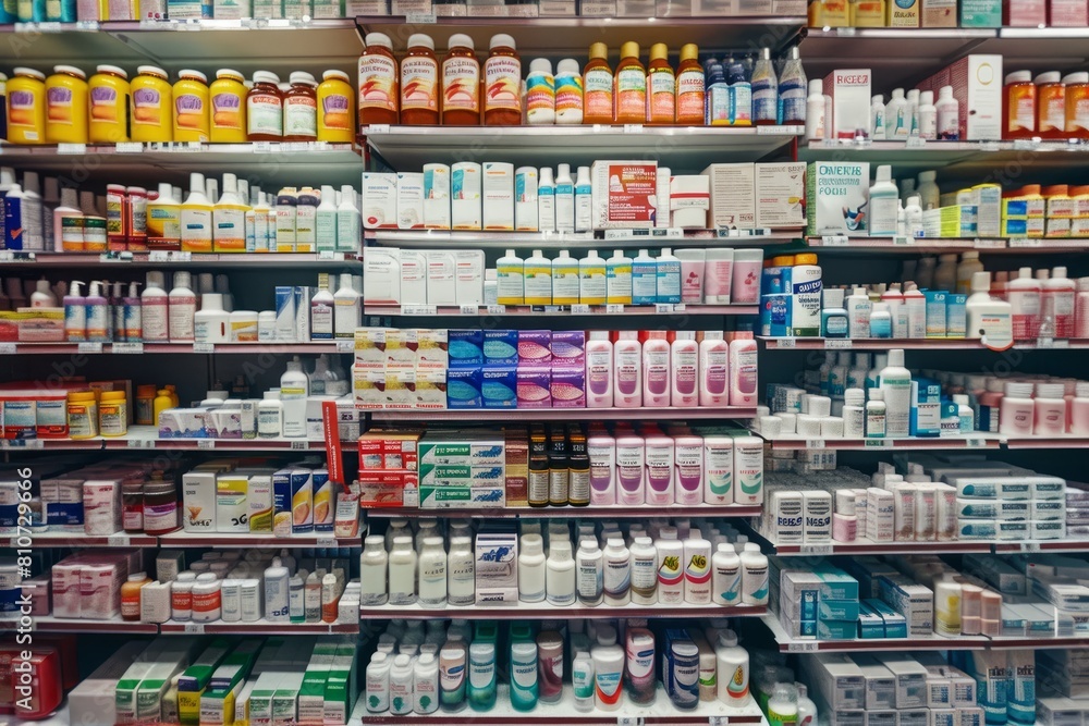 A store packed with various types of products, including prescription and nonspecific medications on a pharmacy counter