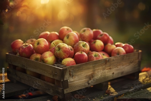 A wooden crate overflowing with ripe red apples on a rustic table under the warm glow of sunset
