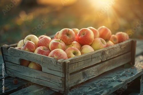 A wooden crate is overflowing with fresh red and yellow apples  neatly arranged on a rustic table during sunset