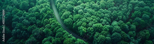 Generate an artistic rendering of an aerial view of a lush green forest with a road winding through it