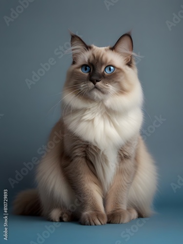 A Ragdoll cat is sitting on a blue background. AI generated image