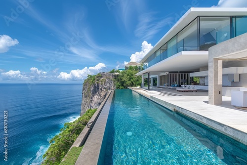 Large swimming pool next to a cliff overlooking the ocean at a modern villa