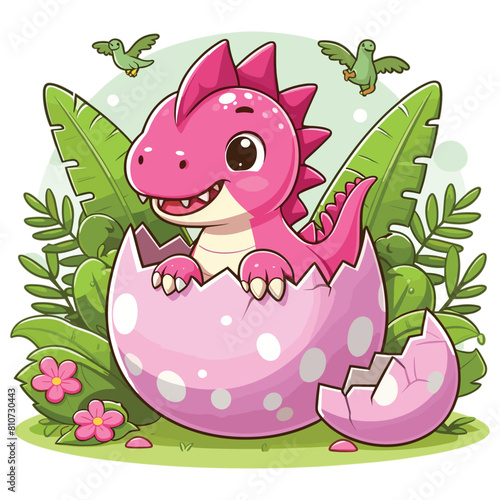 vector Cartoon baby pink spinosaurus hatching from egg