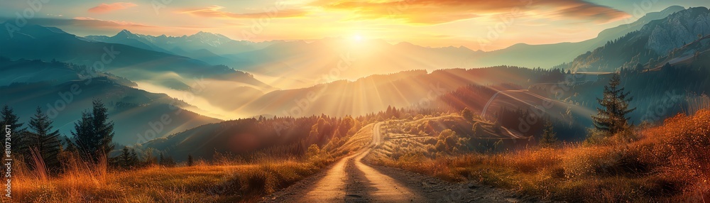 Generate a beautiful landscape image of a winding road through the mountains. The sun is rising over the mountains in the distance. The image should be warm and inviting.