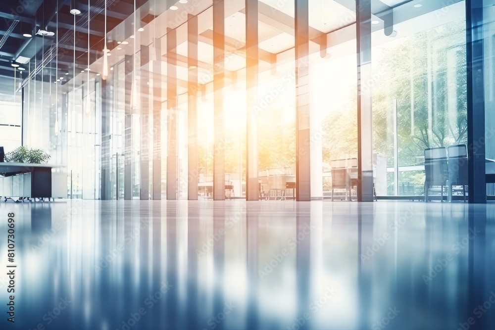 Blurred business office background. Lobby reception hall interior or empty indoor foyer meeting room with light from glass wall window Blurred business office background. Lobby reception hall interior or empty indoor foyer meeting room with light from glass wall window