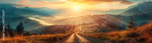 Generate a beautiful landscape image of a winding road through the mountains. The sun is rising over the mountains in the distance. The image should be warm and inviting. photo