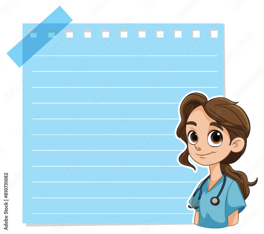 Cartoon nurse smiling beside a large clipboard Cartoon nurse smiling beside a large clipboard