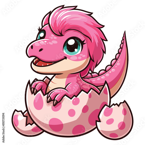 vector Cartoon baby pink spinosaurus hatching from egg