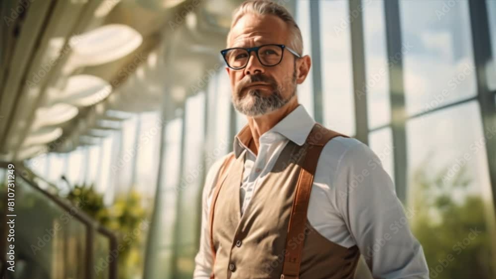 Confident businessman in a suit looking out over the city Confident businessman in a suit looking out over the city