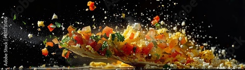 Savor a breakfast burrito in a highspeed explosion of eggs and salsa, on a black background, showcasing an amazing color tone that elevates the meal s visual appeal