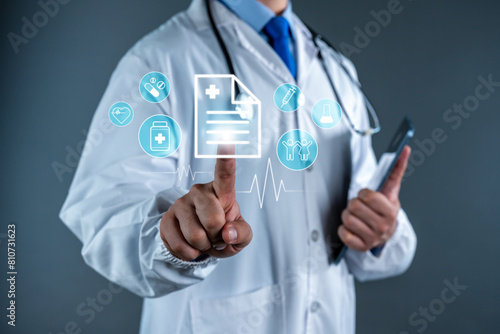 Medicine doctor man pointing at document paper hologram network virtual icon. 