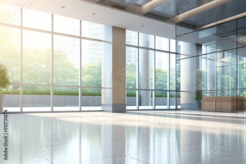 Blurred business office background. Lobby reception hall interior or empty indoor foyer meeting room with light from glass wall window