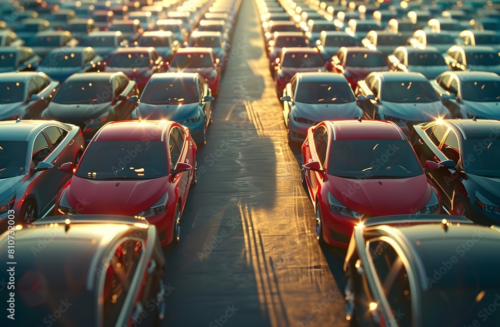 Fototapeta premium A car lot full of cars, with various colors and models parked side by side in rows. The sun is shining brightly on the parking area, casting long shadows over all vehicles.