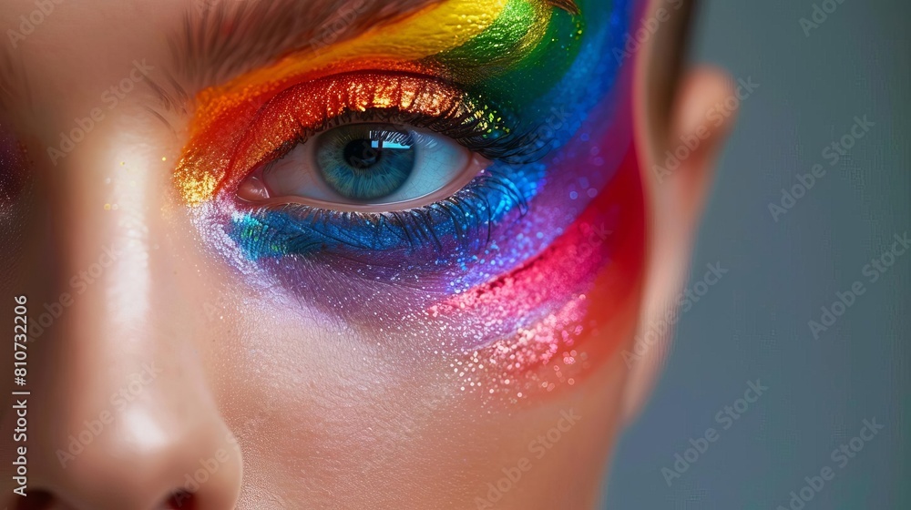 Create a front view parade makeup theme incorporating the Pride flag colors Create a front view parade makeup theme incorporating the Pride flag colors