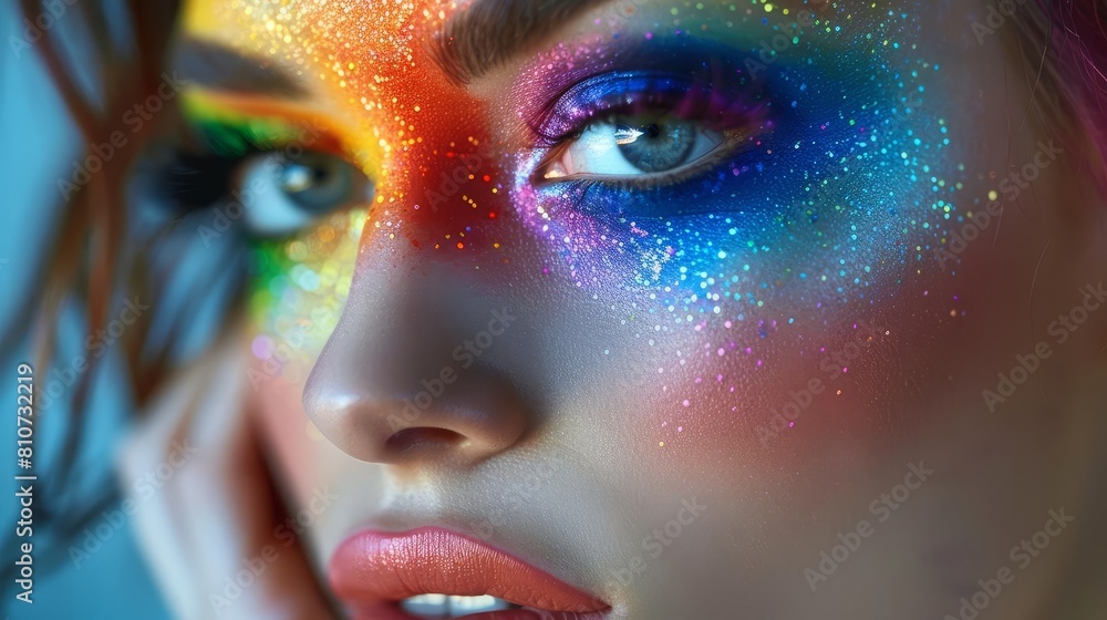 Create a front view parade makeup theme incorporating the Pride flag colors Create a front view parade makeup theme incorporating the Pride flag colors