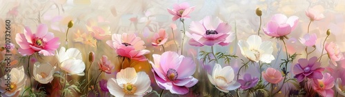 Anemone Blooms wallpaper  with its watercolor touch  showcases exquisite flowers in white  pink  and purple hues  swaying gracefully in the breeze  evoking images of refined gardens and tranquil water