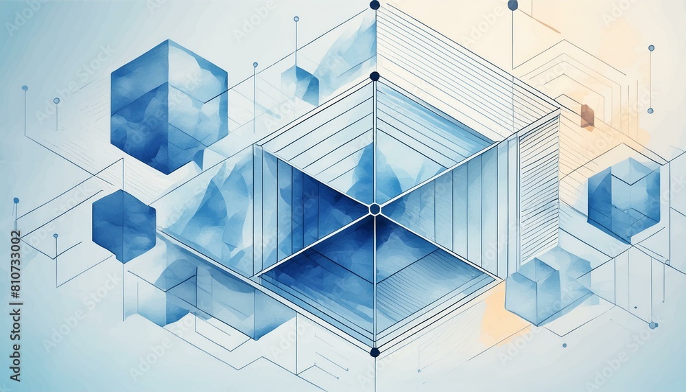 Obraz premium Blueprint concept hexagon geometric shape lines blue watercolor ink illustration abstract