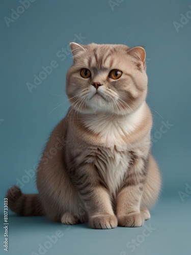 A Scottish Fold cat is sitting on a blue background. AI generated image
