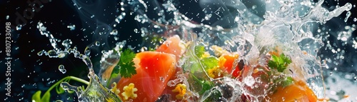 Taste a signature dish where the flavor profile explodes into an actionshot on a plain color studio background  magnified with a closeup food shot to enhance its allure