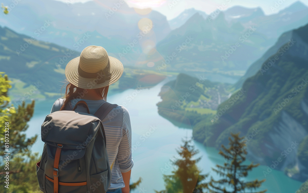 On the top of the mountain, in the sunlight, a woman with a hat and a backpack admires the view of the mountains and the lake, feeling a sense of admiration for the majestic nature.