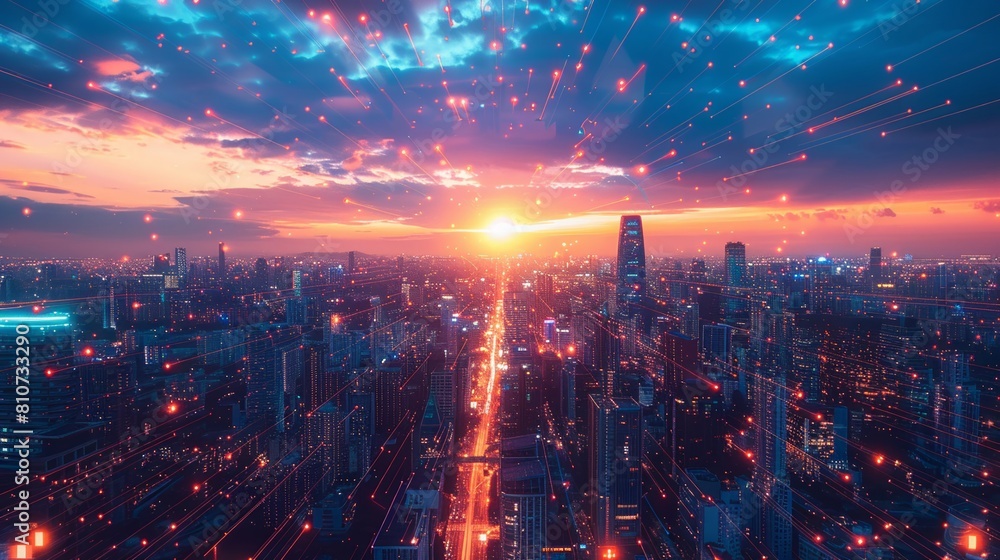 Futuristic cityscape pulses with neon and cybernetic enhancements under twilight