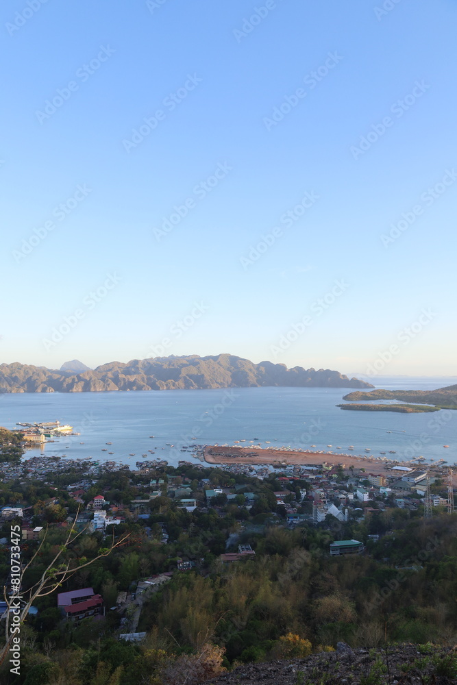 Countryside of Coron - Amazing view from Mount Tapyas on Busuanga Island at sunset - tropical destination with paradise landscape scenery, Palawan, Philippines.