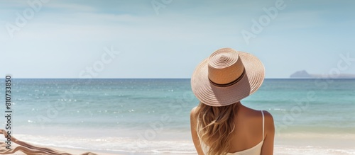 A young lady wearing a stylish hat enjoys the warm sun and peaceful surroundings of a sandy beach The image presents ample copy space © HN Works