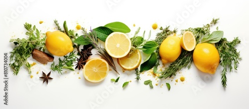 A copy space image showcasing the combination of lemon and thyme ingredients against a white background