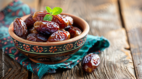 copy space, Delicious medjool dates in a bowl on a wooden table, closeup view. Cloth napkin with date fruits. Traditional Arabic healthy food for breaking the Ramadan fast. Vegan food.