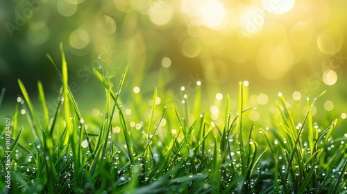 Background of fresh thick grass with water drops in the early morning