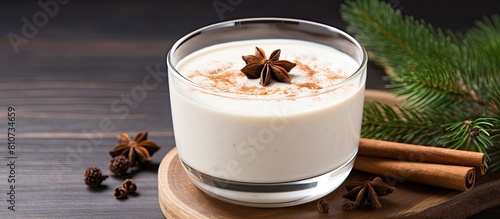 A homemade eggnog made with holiday spices featuring a cinnamon stick for added flavor The image has copy space © HN Works