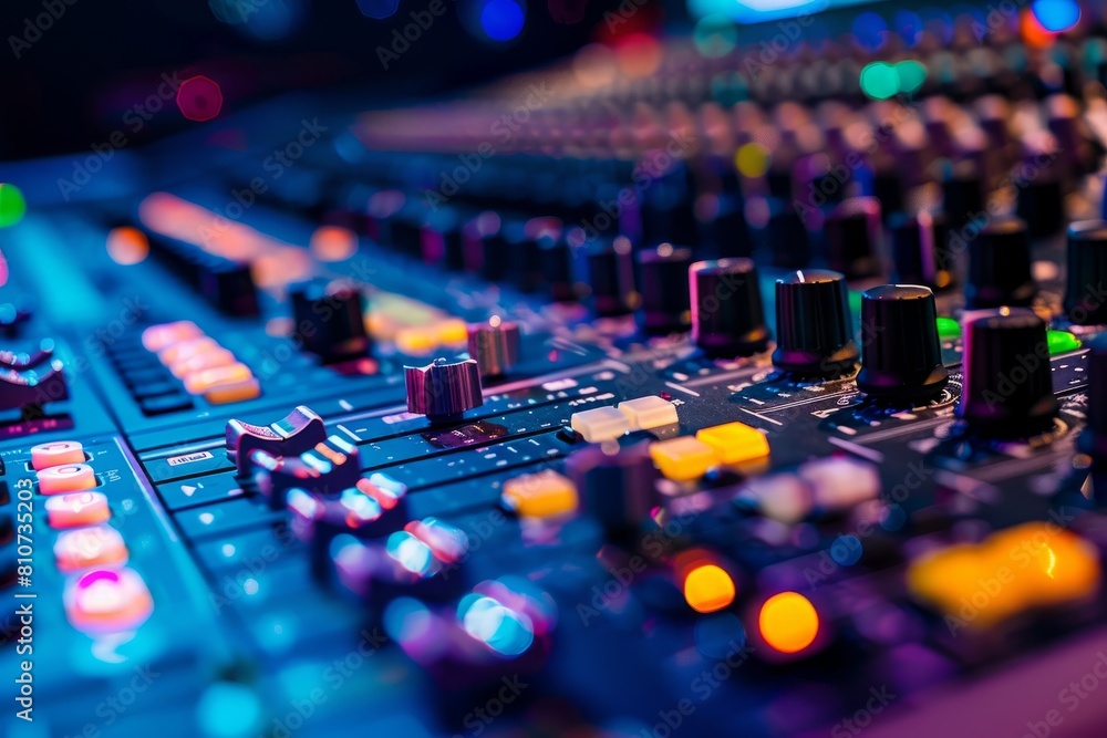 Detailed view of a sound mixing console with numerous knobs and controls for adjusting audio levels