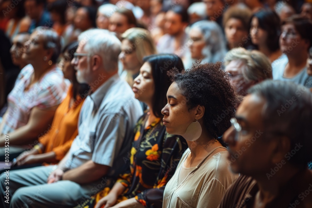 Diverse group of people sitting together in a crowd, engaged in a spiritual or worship event