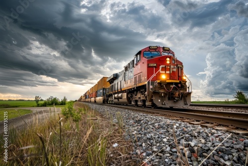 A commercial freight train with red and yellow cars is moving along train tracks under a cloudy sky