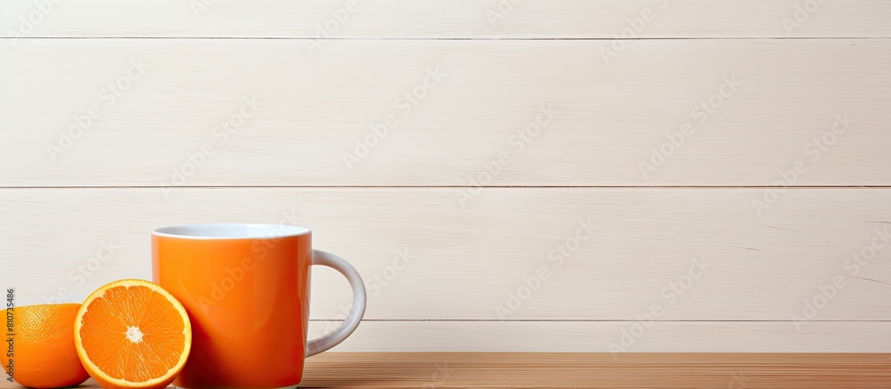 A copy space image of an orange cup sits on a wooden table standing out against a white background A copy space image of an orange cup sits on a wooden table standing out against a white background