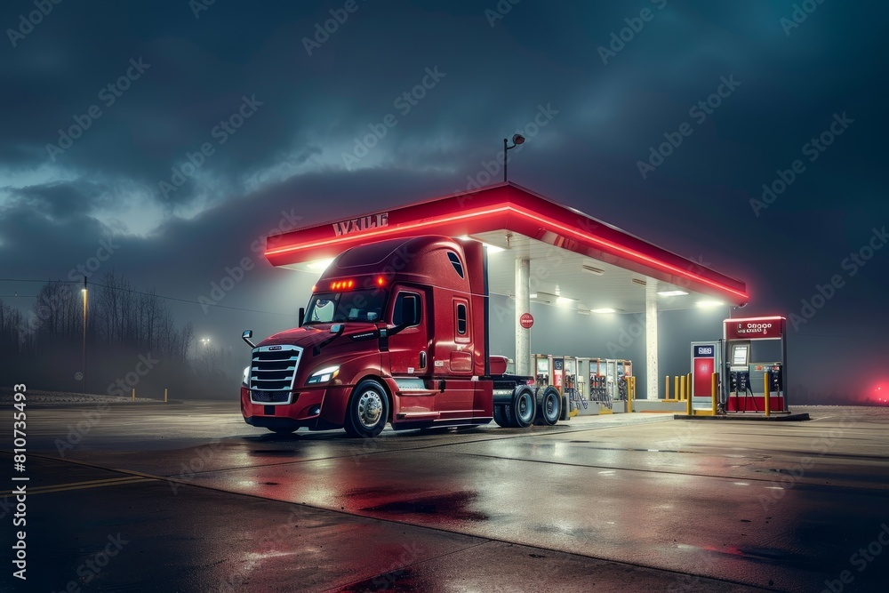 A red semi truck parked at a gas station, refueling before continuing its journey on the road