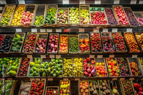 A high-angle view of a grocery store interior packed with neatly organized aisles overflowing with diverse fresh produce